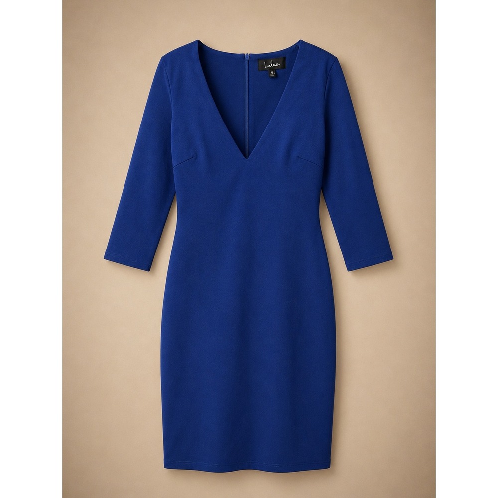 Lulus Women Dress L Royal Blue Sheath V-Neck 3/4 Sleeve JD7252 Stretch Knit